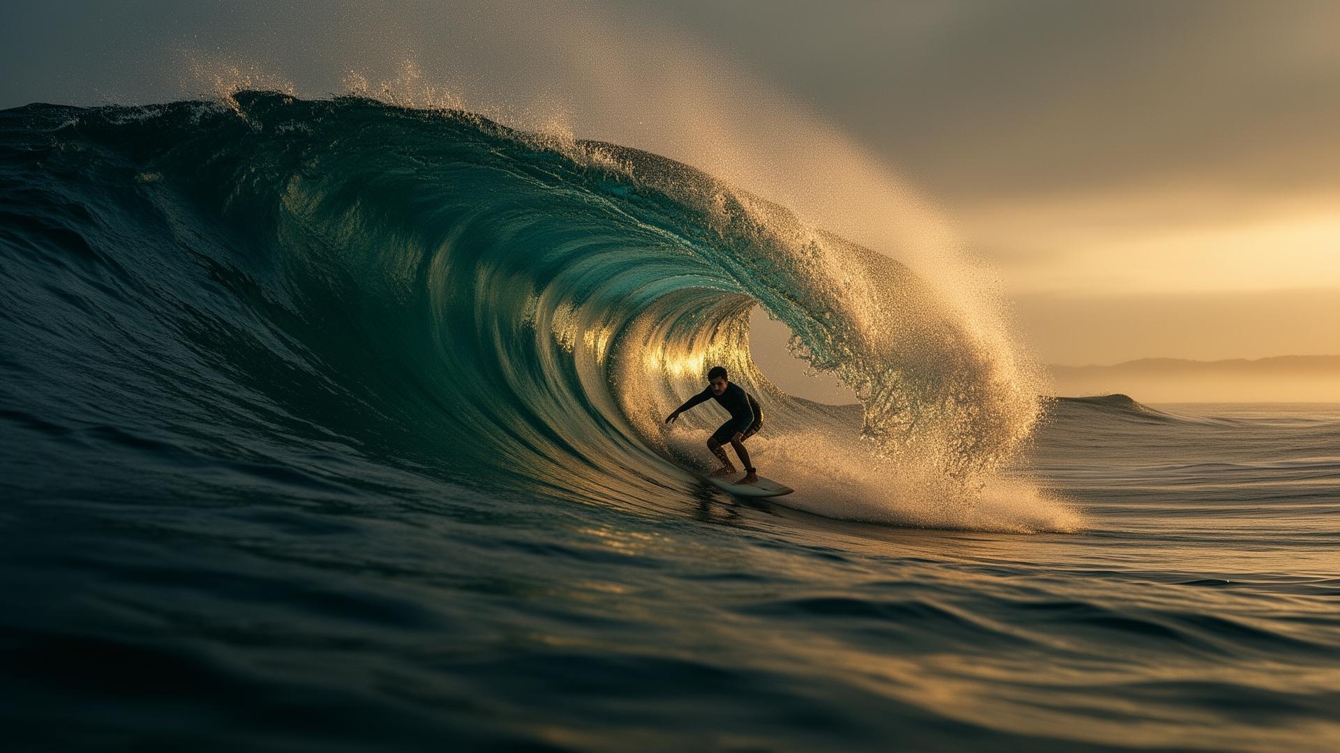 Surfer carving on a deep teal wave at golden hour